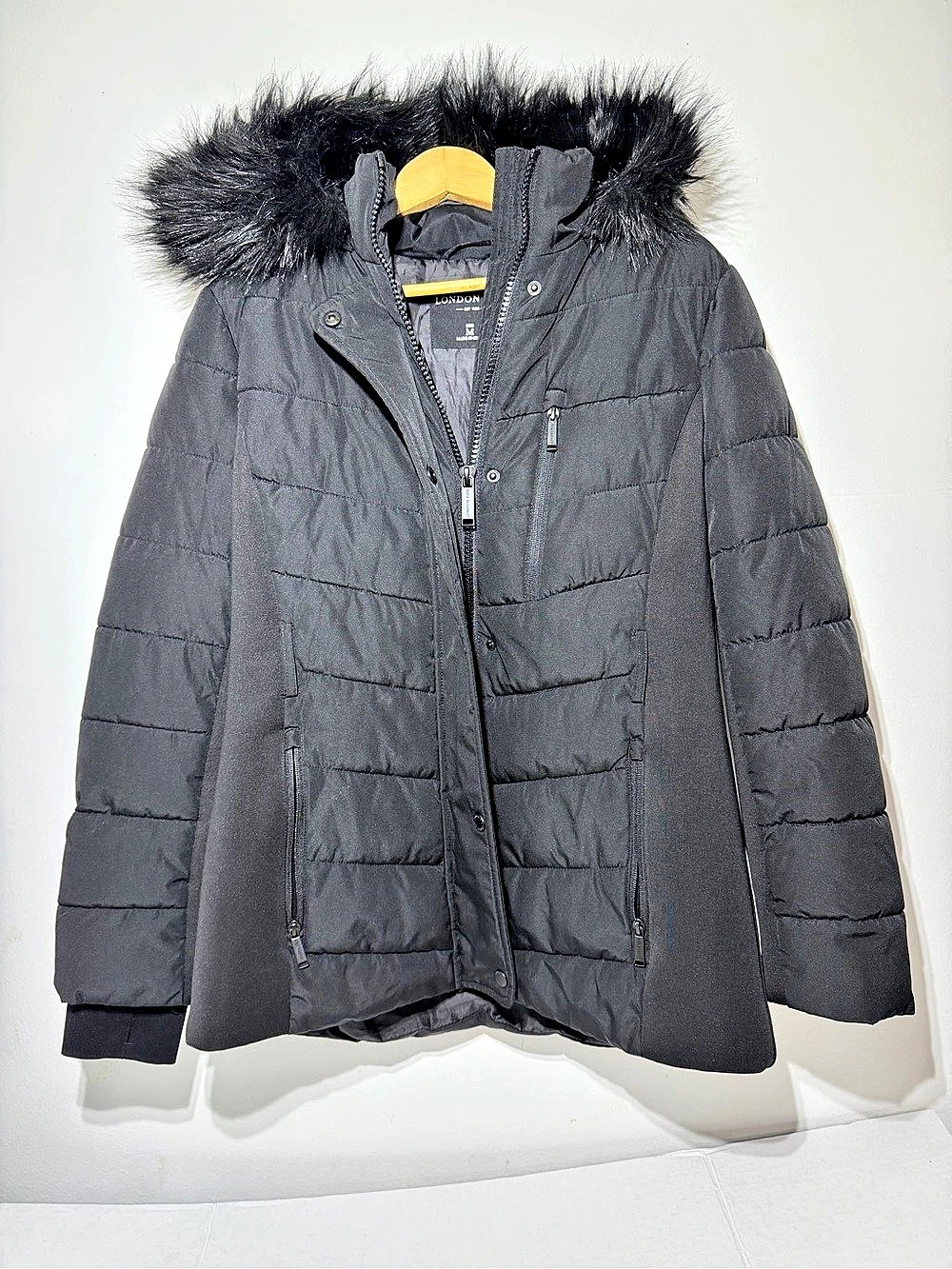 London Fog Faux Fur Trim Hood Puffer Jacket Black Medium